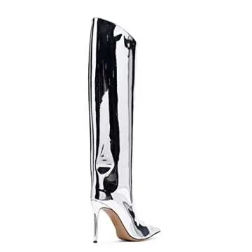 Arqa Women's Metallic Knee High Boots Stiletto High Heels Wide Calf Boot with Zipper Pointed Toe Dressy Booties Chrome Silver Size 5