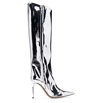 Arqa Women's Metallic Knee High Boots Stiletto High Heels Wide Calf Boot with Zipper Pointed Toe Dressy Booties Chrome Silver Size 5