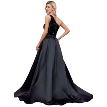 Rose Gold Long Prom Dresses 2024 One Shoulder Sequin Formal Evening Gowns with Satin Detachable Trai...
