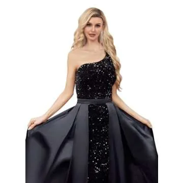 Rose Gold Long Prom Dresses 2024 One Shoulder Sequin Formal Evening Gowns with Satin Detachable Train Plus Size Sparkly Split Ball Gowns Size 4