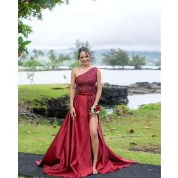 Rose Gold Long Prom Dresses 2024 One Shoulder Sequin Formal Evening Gowns with Satin Detachable Train Plus Size Sparkly Split Ball Gowns Size 4