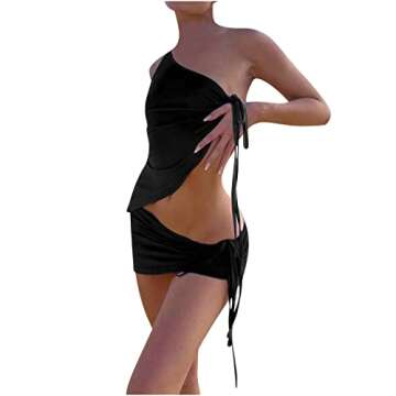 HGps8w Women Sexy Skirt Sets One Shoulder Crop Top and Drawstring Ruched Mini Skirts 2 Piece Outfits Y2k E-Girl Streetwear