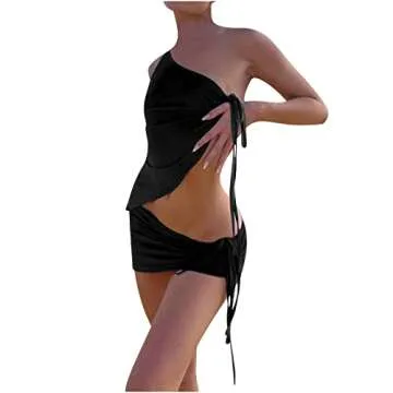 HGps8w Women Sexy Skirt Sets One Shoulder Crop Top and Drawstring Ruched Mini Skirts 2 Piece Outfits Y2k E-Girl Streetwear