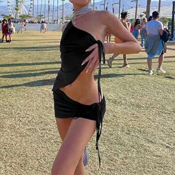 HGps8w Women Sexy Skirt Sets One Shoulder Crop Top and Drawstring Ruched Mini Skirts 2 Piece Outfits Y2k E-Girl Streetwear