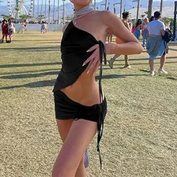 HGps8w Women Sexy Skirt Sets One Shoulder Crop Top and Drawstring Ruched Mini Skirts 2 Piece Outfits Y2k E-Girl Streetwear