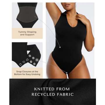 SHAPELLX V-neck Bodysuit for Women Polo Black T Shirts Solid Fit Bodysuit Tops Butt Lifting Shapewear