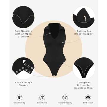 SHAPELLX V-neck Bodysuit for Women Polo Black T Shirts Solid Fit Bodysuit Tops Butt Lifting Shapewear