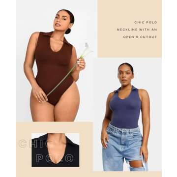 SHAPELLX V-neck Bodysuit for Women Polo Black T Shirts Solid Fit Bodysuit Tops Butt Lifting Shapewear