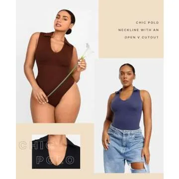 SHAPELLX V-neck Bodysuit for Women Polo Black T Shirts Solid Fit Bodysuit Tops Butt Lifting Shapewear