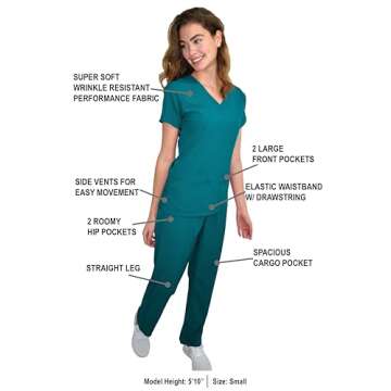 Green Town Scrubs for Women - V-Neck Top and Straight Leg Pant Scrub Set