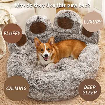 Jiupety Cute Round Calming Dog Bed of Paw Shape, Pet Large Plush Dog Donut Bed for Medium Large Breed Dog, Soft, Comfy and Cozy Doggie Bed with Bolster, Gray