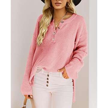 Saodimallsu Womens Oversized V Neck Batwing Long Sleeve Button Sweater - Soft Pink Cozy Chic for Fal...