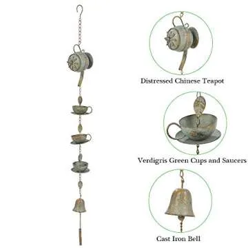 Jemeni 40" H Teapot & Cups Rain Chime with Bell Hanging, Green Patina…