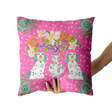 Chinoiserie Pillow Covers 18x18 Inches Set of 2 Pink Speckled Dog Floral Throw Pillow Case Tradition...