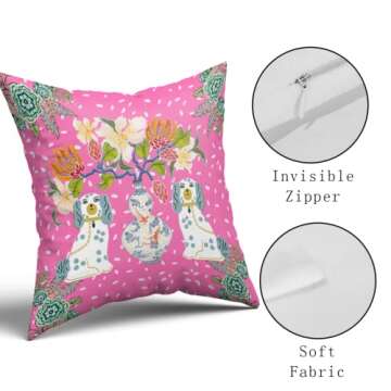 Chinoiserie Pillow Covers 18x18 Inches Set of 2 Pink Speckled Dog Floral Throw Pillow Case Traditional Style Flower Cushion Covers Farmhouse Decor for Couch Sofa Bed