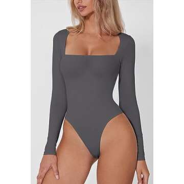 QINSEN Tummy Ontrol Bodysuit for Women Square Neck High Cut T Shirt Long Sleeve Tops Dark Grey XS