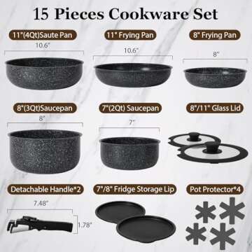 SODAY 15Pcs Pots and Pans Set Non Stick, Cookware Sets with Detachable Handle, Nonstick RV Kitchen C...