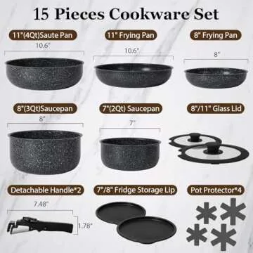 SODAY 15Pcs Pots and Pans Set Non Stick, Cookware Sets with Detachable Handle, Nonstick RV Kitchen C...
