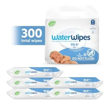 WaterWipes Plastic-Free Original Baby Wipes, 99.9% Water Based Wipes, Unscented & Hypoallergenic for Sensitive Skin, 300 Count (5 packs)