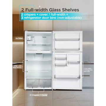 BLACK+DECKER 24 Cu. Ft. Top Mount Refrigerator with Ice Maker, 2-Door Refrigerator with Top Freezer, Freezer with Icemaker and Adjustable Temperature Control, ENERGY STAR, BR2400JIMW, White