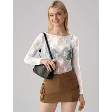 KTILG White Long Sleeve Lace Tops for Women Y2k See Through Embroidery Tee Mesh Sheer Tee Shirt Blou...