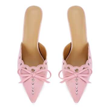 DOEYG Pink Kitten Heels for Women - Pointed Toe Vintage Bow Slip-on Mules Heels