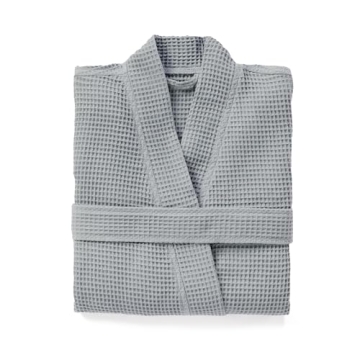 Coyuchi Unisex Waffle Patterned Organic Cotton Robe - Fast Drying Weave - Classic Spa Style Robe - GOTS Certified, Medium/Large, Lagoon