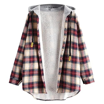 ZAFUL Women's Oversized Plaid Fleece Lined Hooded Jacket with Hood and Button Closure