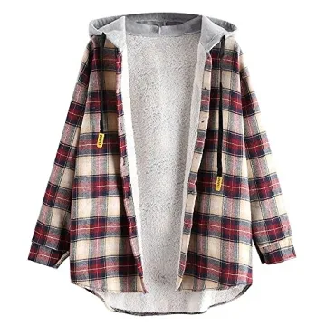 ZAFUL Women's Oversized Plaid Fleece Lined Hooded Jacket with Hood and Button Closure