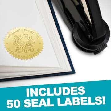 Custom Library Embosser Stamp - EMB083 - Includes 50 Gold Seals - Perfect for Customizing Books, Ex Libris, Personalized Journals and More.
