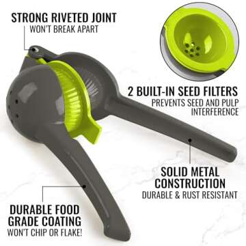 Zulay Metal 2-In-1 Lemon Squeezer Manual - Sturdy, Max Extraction Hand Juicer Lemon Squeezer Gets Every Last Drop - Easy to Clean Manual Citrus Juicer - Easy-to-Use Lemon Juicer Squeezer - Gray/Lime