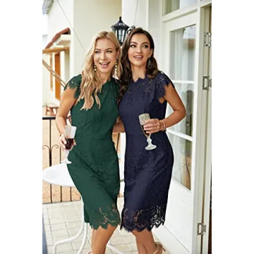 MEROKEETY Women's Sleeveless Lace Floral Elegant Cocktail Dress Crew Neck Knee Length for Party, Dark Green, Small