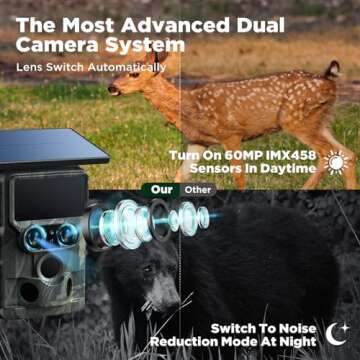 VOOPEAK 2025 Updated Trail Camera Solar Powered, Starlight Night Vision Dual Lens 60MP 4K 30FPS WiFi Bluetooth Game Hunting Cameras with IMX458 Sensors 0.1S Trigger for Outdoor Wildlife Monitoring