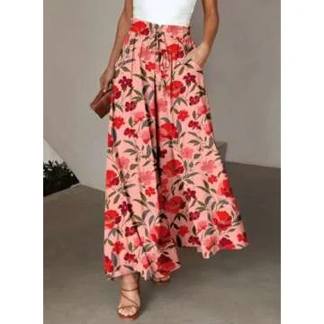 Dokotoo Stylish Wide Leg Pants for Women Ladies Floral Print Spring Summer Loose Casual High Drawstr...