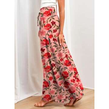 Dokotoo Stylish Wide Leg Pants for Women Ladies Floral Print Spring Summer Loose Casual High Drawstring Waist Pants Jogging Jogger with Side Pockets Rose XL