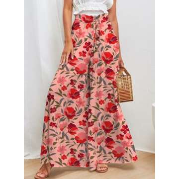 Dokotoo Stylish Wide Leg Pants for Women Ladies Floral Print Spring Summer Loose Casual High Drawstring Waist Pants Jogging Jogger with Side Pockets Rose XL