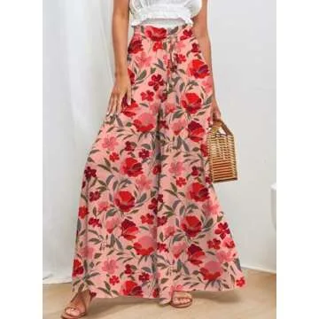 Dokotoo Stylish Wide Leg Pants for Women Ladies Floral Print Spring Summer Loose Casual High Drawstring Waist Pants Jogging Jogger with Side Pockets Rose XL