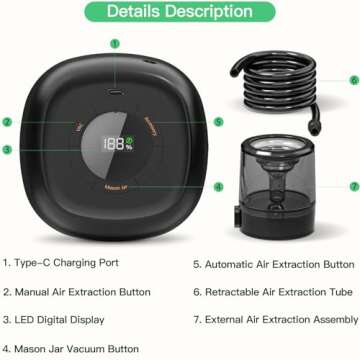 3 in 1 Electric Mason Jar Vacuum Sealer Kit with External Assembly Vacuum Pump for Food Storage, Aut...