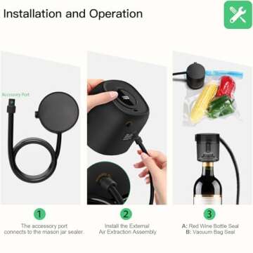 3 in 1 Electric Mason Jar Vacuum Sealer Kit with External Assembly Vacuum Pump for Food Storage, Automatic Vacuum Sealer Compatible with Vacuum Bag,Wine Bottle,Wide Mouth and Regular Mouth Mason Jars