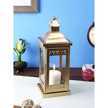 Hosley 15 Inch High Large Clear Glass Iron Classic Style Lantern Gold. Ideal Gift for Parties Weddings Aromatherapy and LED Spa Settings 05