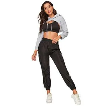 SweatyRocks Women's Solid Black Long Sleeve Pullover Crop Top Hoodie Grey S