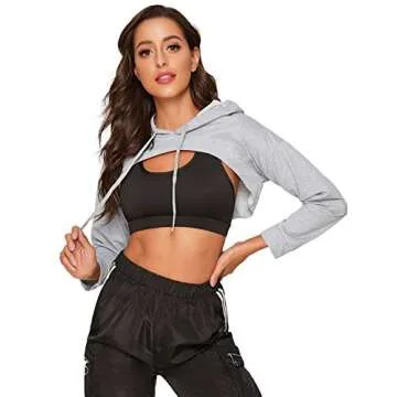 SweatyRocks Women's Solid Black Long Sleeve Pullover Crop Top Hoodie Grey S