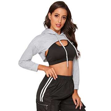 SweatyRocks Women's Solid Black Long Sleeve Pullover Crop Top Hoodie Grey S