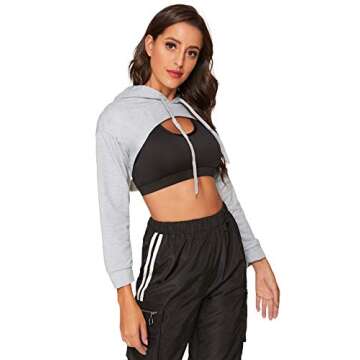 SweatyRocks Women's Solid Black Long Sleeve Pullover Crop Top Hoodie Grey S