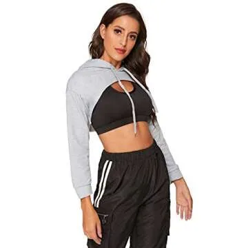 SweatyRocks Women's Solid Black Long Sleeve Pullover Crop Top Hoodie Grey S