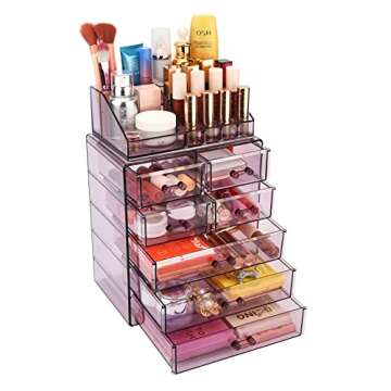 ZHIAI Cosmetic Makeup and Jewelry Storage Case Display - Spacious Design - Great for Bathroom, Dresser, Vanity and Countertop (1 Top 7 Drawers, Purple)