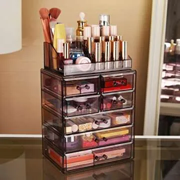 ZHIAI Cosmetic Makeup and Jewelry Storage Case Display - Spacious Design - Great for Bathroom, Dresser, Vanity and Countertop (1 Top 7 Drawers, Purple)