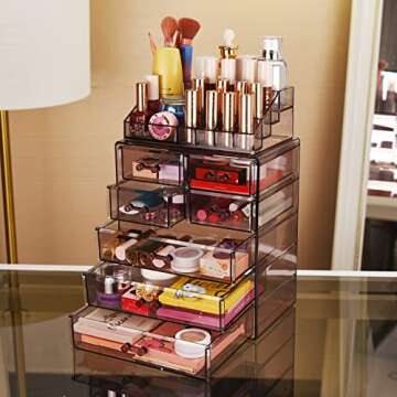 ZHIAI Cosmetic Makeup and Jewelry Storage Case Display - Spacious Design - Great for Bathroom, Dresser, Vanity and Countertop (1 Top 7 Drawers, Purple)