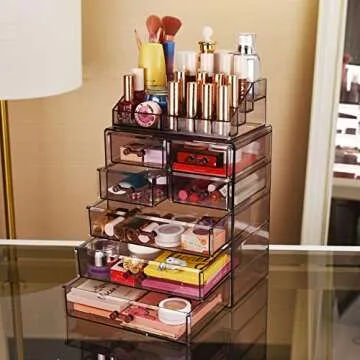 ZHIAI Cosmetic Makeup and Jewelry Storage Case Display - Spacious Design - Great for Bathroom, Dresser, Vanity and Countertop (1 Top 7 Drawers, Purple)