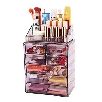 ZHIAI Cosmetic Makeup and Jewelry Storage Case Display - Spacious Design - Great for Bathroom, Dresser, Vanity and Countertop (1 Top 7 Drawers, Purple)